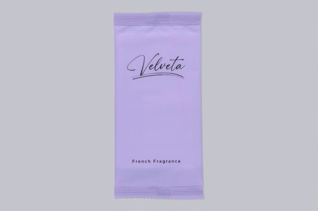 Velveta purple nonwoven wet wipe with French fragrance – single sachet packaging