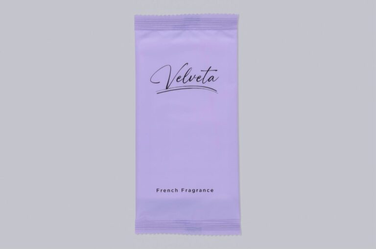 Velveta purple nonwoven wet wipe with French fragrance – single sachet packaging