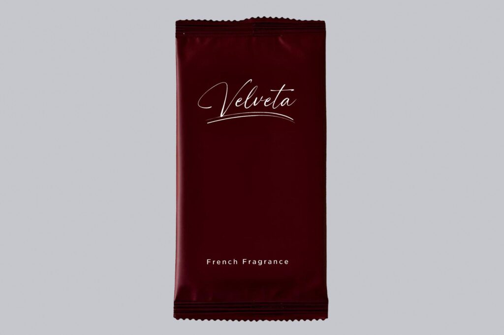 Velveta burgundy nonwoven wet wipe with French fragrance – single sachet packaging