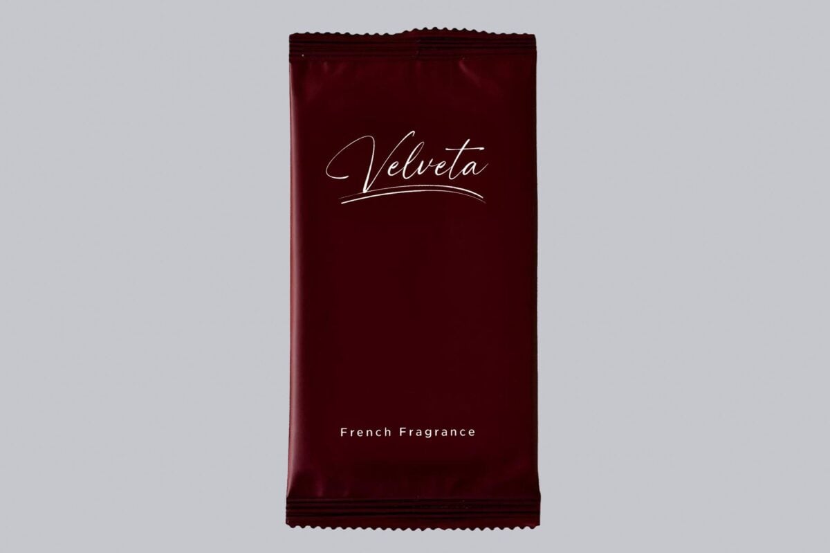 Velveta burgundy nonwoven wet wipe with French fragrance – single sachet packaging