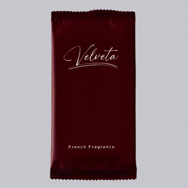 Velveta burgundy nonwoven wet wipe with French fragrance – single sachet packaging