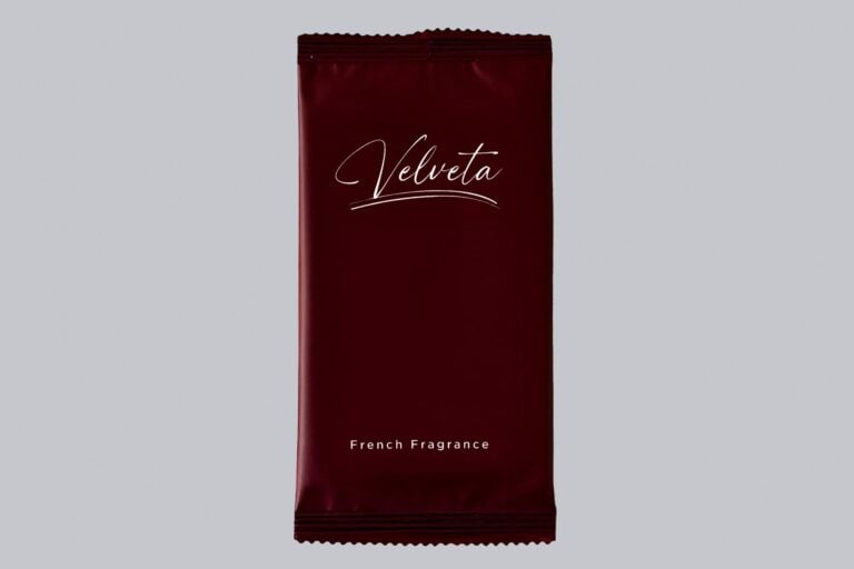 Velveta burgundy nonwoven wet wipe with French fragrance – single sachet packaging